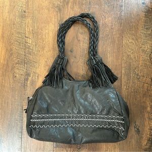 NICOLI dark brown distressed leather hobo tassel bag made in Italy